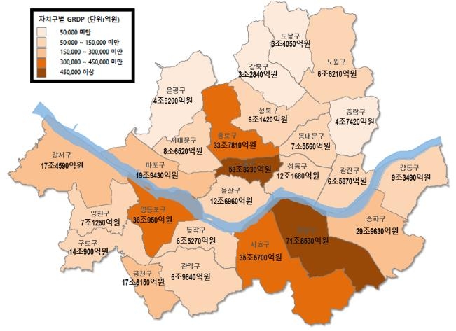 ▲2019년도 자치구별 지역내총생산 규모(당해년가격) (사진제공=서울시)