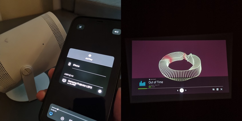 ▲아이폰 유저도 더 프리스타일로 음악 및 영상을 감상할 수 있다. 기자는 아이폰을 블루투스로 더 프리스타일에 연결한 뒤, 에어플레이(AirPlay)를 통해 애플tv를 시청했다. (강태우 기자 burning@)