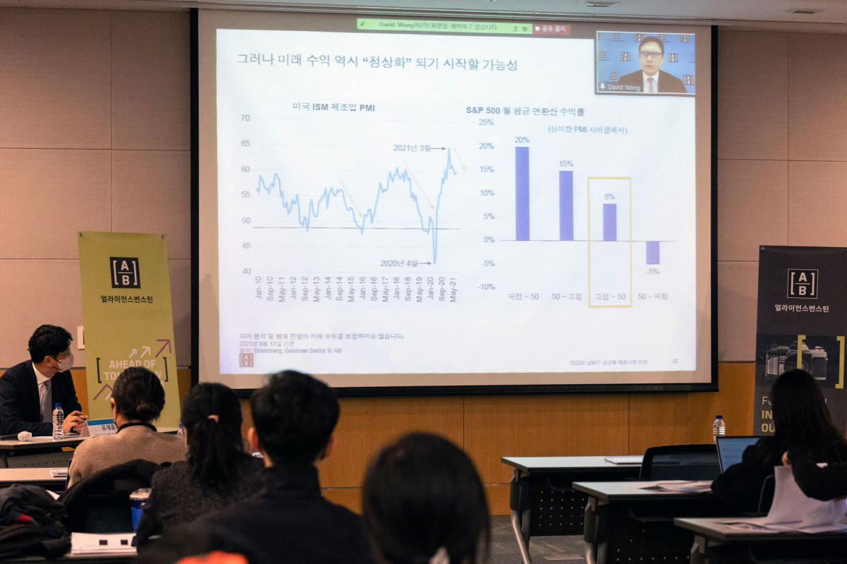 ▲AB자산운용은 18일 서울 여의도 전경련회관에서 ‘2022년 글로벌 주식 및 채권 시장 전망 기자간담회’를 개최했다. 데이비드 웡(David Wong) 주식부문 선임 투자전략가가 발표를 하고 있다. (사진=AB자산운용)