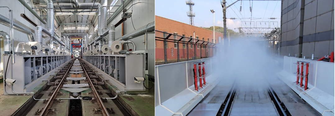 ▲한국철도는 21일 겨울철 KTX 하부의 얼음을 자동으로 녹이고 눈이 붙는 것을 방지하는 시스템을 개발했다고 밝혔다. 왼쪽부터 고속철도차량 해빙시스템과 착설방지시스템. (사진제공=한국철도공사)