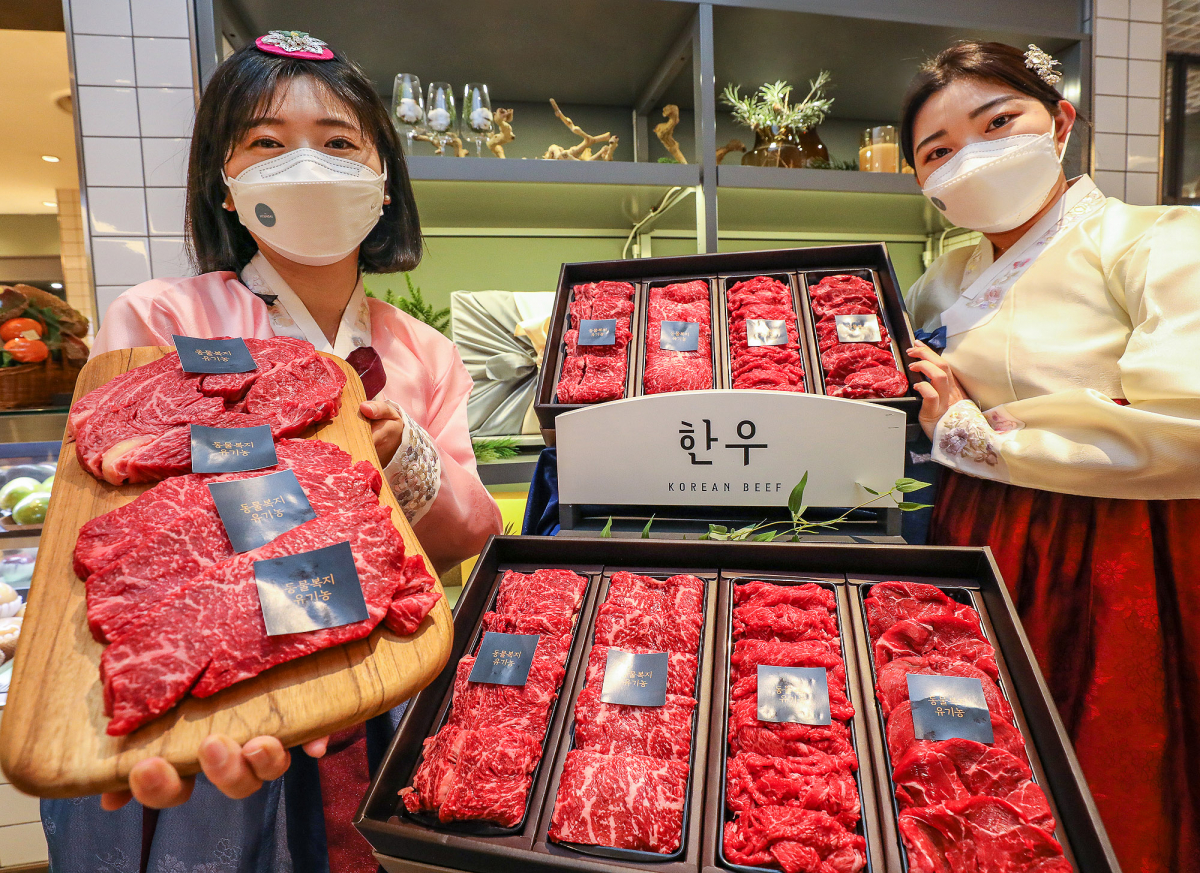 ▲23일 오전 서울시 강남구 현대백화점 무역센터점 식품관에서 직원들이 '동물복지 유기농 한우' 선물세트를 소개하고 있다. (현대백화점)