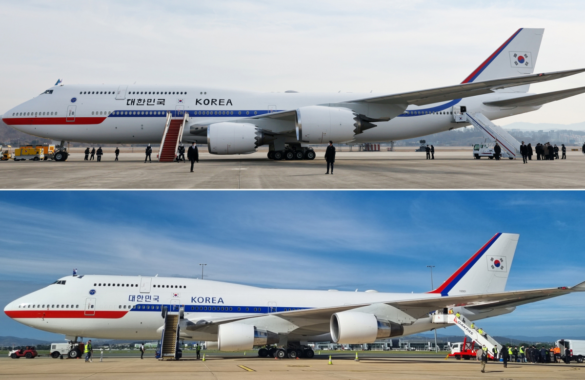 ▲문재인 대통령의 새해 중동 3개국 순방에 투입되는 신형 공군 1호기(맨위)가 15일 성남 서울공항에서 출발 준비를 하고 있다. 보잉747-8i 기종이며, 기존 1호기 대비 항속거리 및 순항속도가 증가하였고, 내부 개조를 통해 회의공간 및 편의성이 증대되었다. 구형 공군 1호기(아래)는 2010년 2월부터 임차계약을 통해 2010년 4월부터 5년간 임무를 수행한 이후, 임차 기간을 추가 연장해 2022년 1월 10일까지 운행했다. (연합뉴스)
