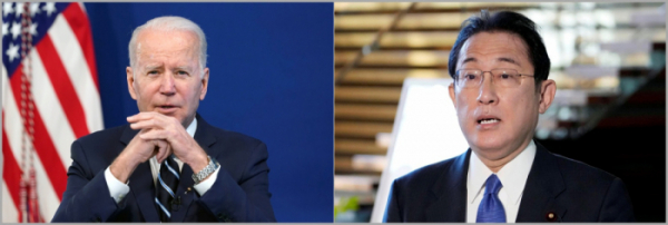 ▲조 바이든(왼쪽) 미국 대통령과 기시다 후미오 일본 총리. 백악관은 16일(현지시간) 미·일 양국 정상이 오는 21일 화상회담을 한다고 밝혔다. AP뉴시스