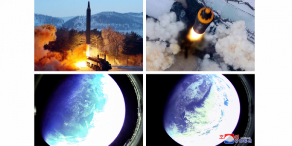 ▲북한이 지난 1월 31일 공개한 중거리 탄도미사일(IRBM)인 화성-12형 시험발사 장면 (연합뉴스)