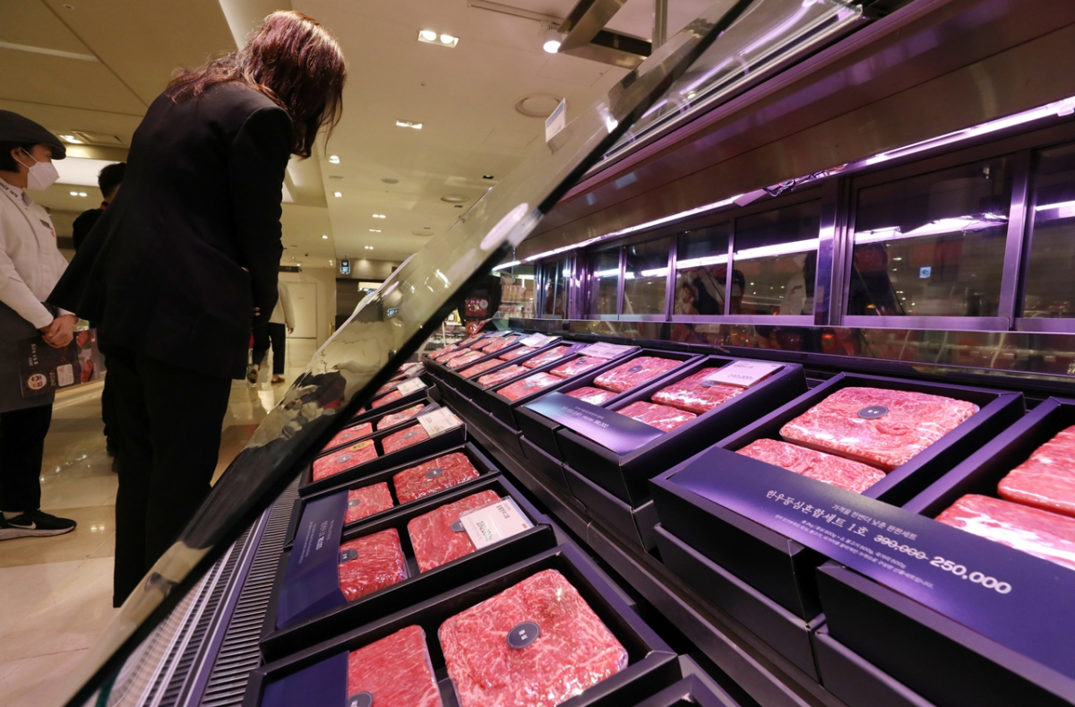 ▲서울 중구 롯데백화점 본점에서 고객이 정육 선물 세트를 고르고 있다.  (뉴시스)