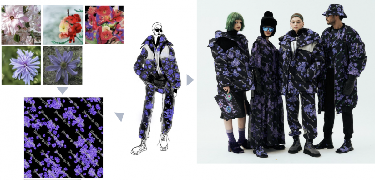 ▲LG가 개발한 AI 인간 '틸다'가 개발한 패턴(왼쪽)을 기반으로 제작된 옷(오른쪽)  (사진제공=LG)