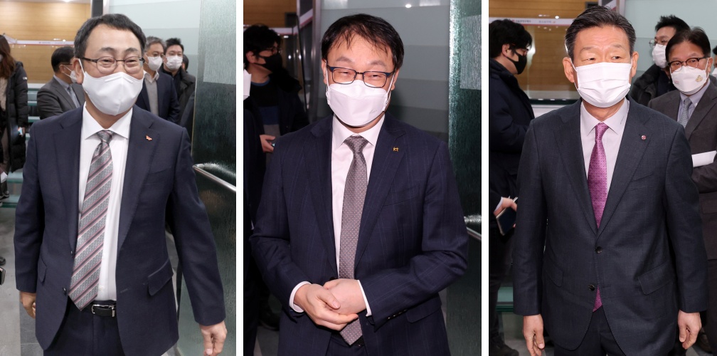 ▲유영상 SK텔레콤 대표(왼쪽부터), 구현모 KT 대표, 황현식 LG유플러스 대표.  (연합뉴스)