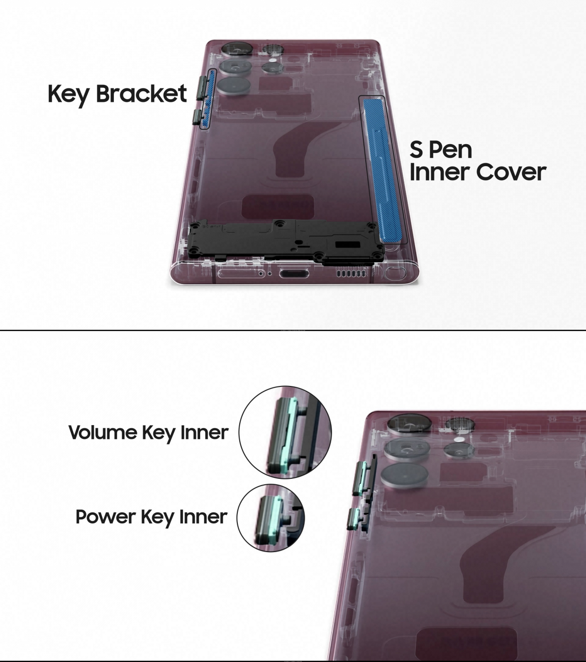 ▲삼성 갤럭시S22 울트라 모델에 해양폐기물 재활용 소재(위)와 PCM 소재(아래)를 사용했다.  (사진제공=삼성전자)