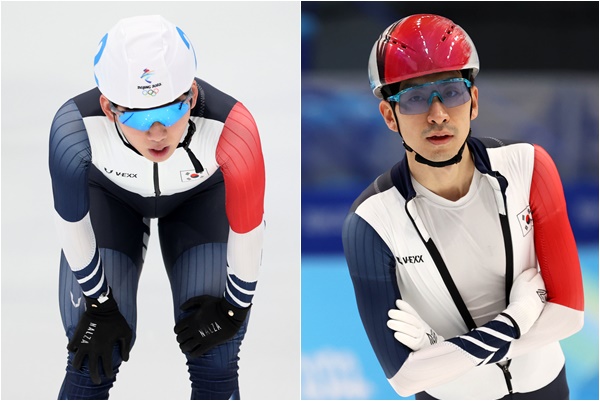 ▲19일 오후 열린 2022 베이징동계올림픽 스피드스케이팅 남자 매스스타트 결승에서 정재원(왼)이 은메달, 이승훈이 동메달을 목에 걸었다.  (뉴시스)