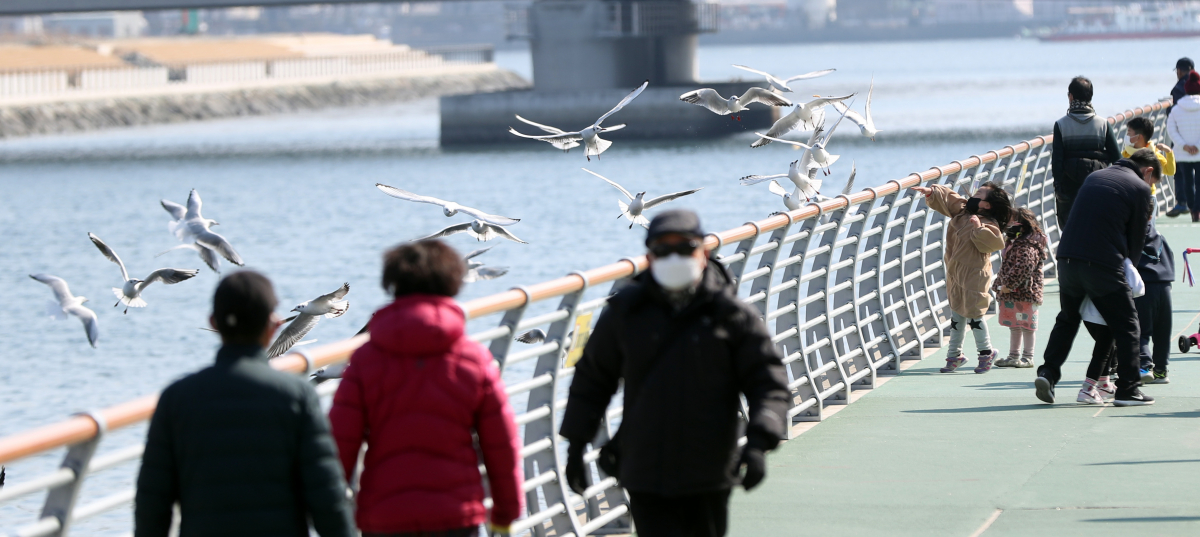 ▲25일 오후 경남 창원시 마산합포구 서항지구 친수공간에 많은 시민이 산책하고 있다. (연합뉴스)