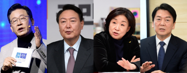 ▲더불어민주당 이재명(왼쪽부터), 국민의힘 윤석열, 정의당 심상정, 국민의당 안철수 대선 후보(사진=이투데이DB)