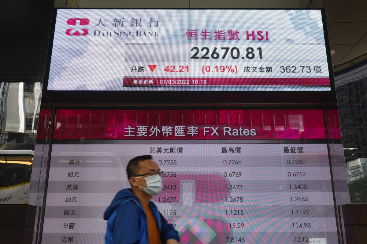 ▲한 행인이 1일 홍콩거래소 앞 홍콩증시 항셍지수 상황이 표시된 현황판 앞을 지나가고 있다. 홍콩/AP연합뉴스 
