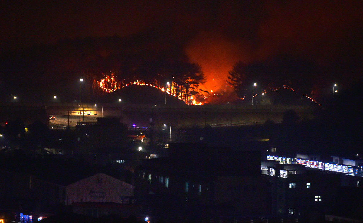 ▲4일 경북 울진에서 발생한 산불이 밤까지 이어지고 있다.  (뉴시스)