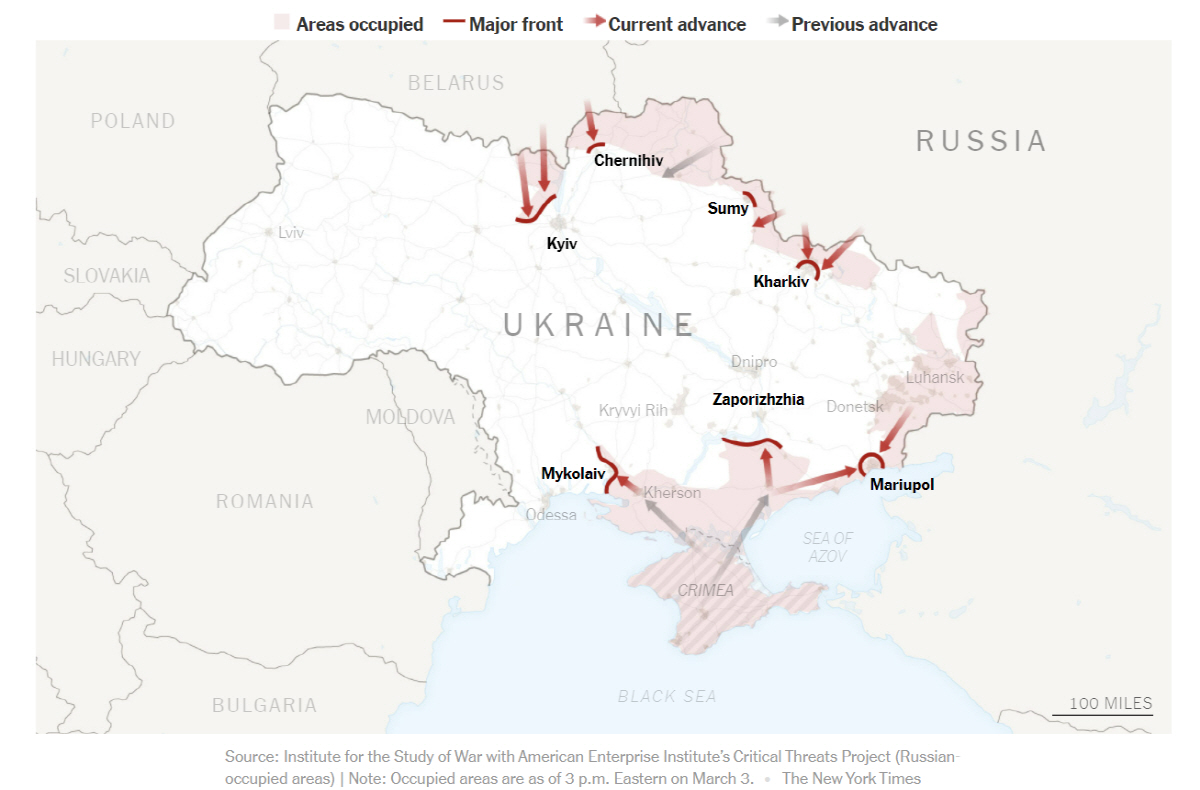 ▲러시아의 우크라이나 점령 및 교전 지역. 출처 NYT