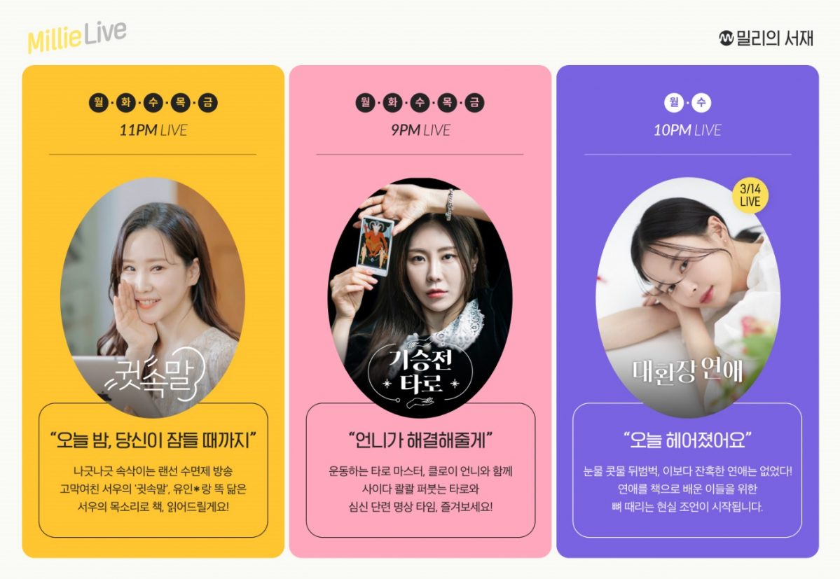 ▲밀리의 서재가 7일 선보인 라이브 방송 콘텐츠 ‘밀리 라이브’ 주요 콘텐츠. (사진제공=밀리의 서재)