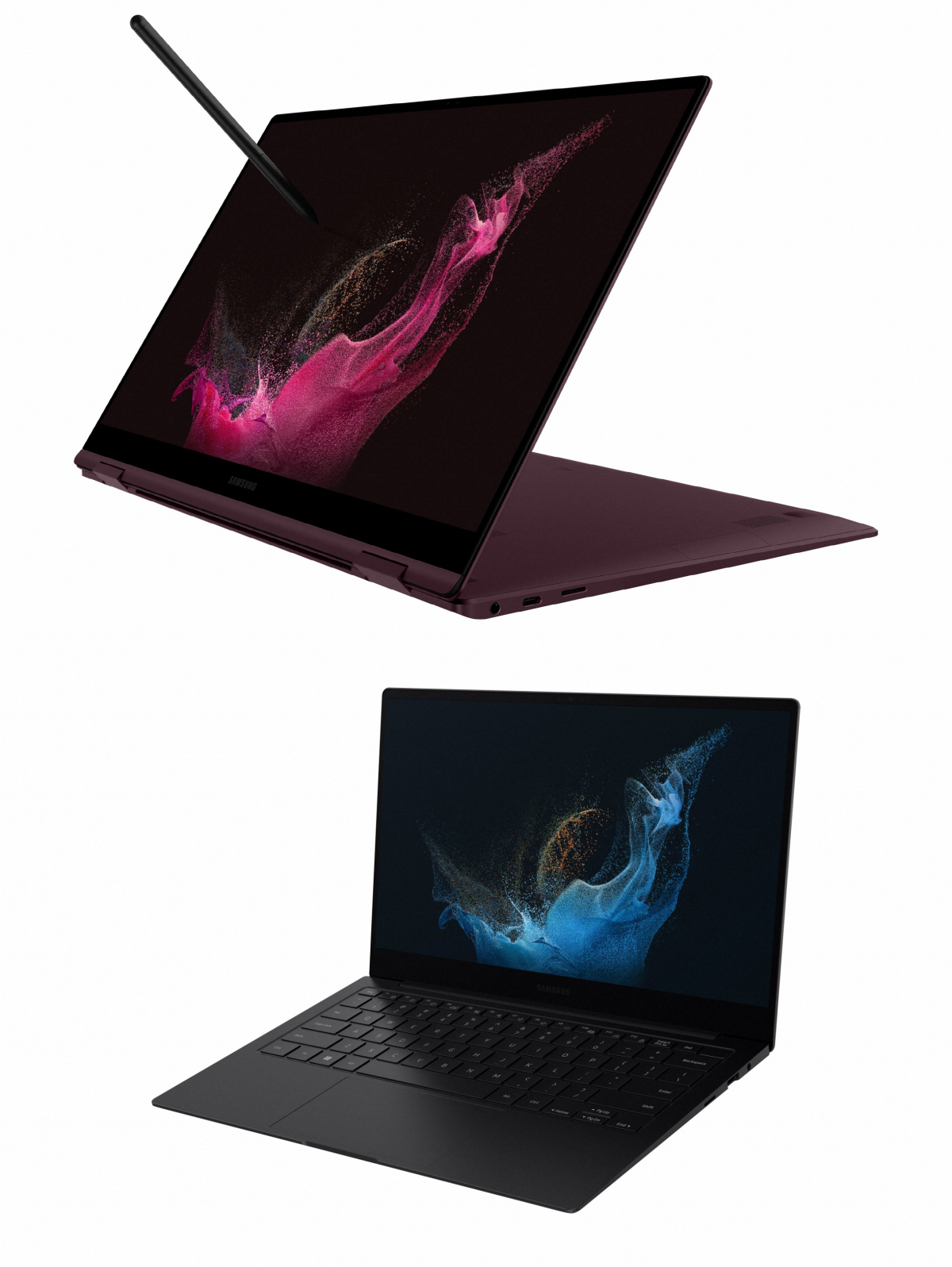 ▲갤럭시 북2 프로 360 버건디 모델(위)과 갤럭시 북2 프로 그라파이트 모델(아래) (사진제공=삼성전자)