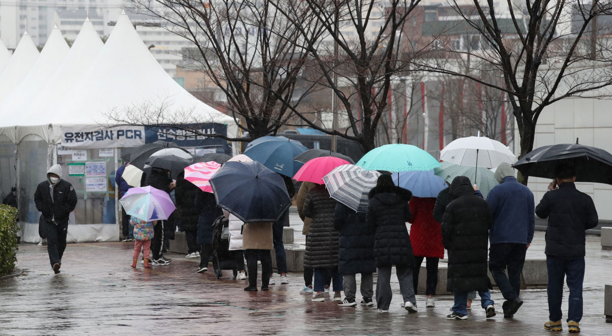 ▲토요일인 19일 오전 서울 마포구 서강대역사광장 코로나19 임시선별검사소에서 시민들이 내리는 비에 우산을 들고 검사를 받기 위해 줄서 기다리고 있다. 이날 0시기준 신규확진자수는 38만1454명으로 전날(40만7017명)보다 소폭 감소했다.  (뉴시스)
