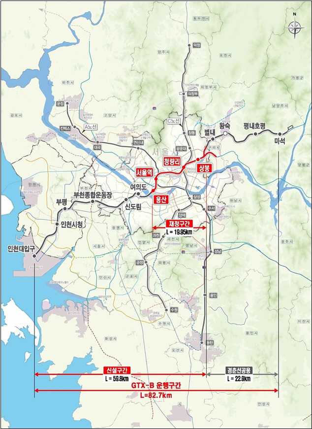 ▲'수도권광역급행철도(GTX) B노선' 노선도 (자료제공=국토교통부)
