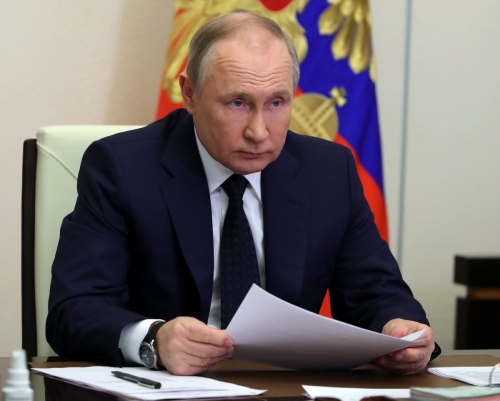 ▲블라디미르 푸틴 러시아 대통령이 23일(현지시간) 화상연설을 하고 있다. (모스크바/AP연합뉴스)