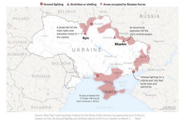 ▲러시아의 우크라이나 공격 및 점령 지역. 출처 뉴욕타임스(NYT)
