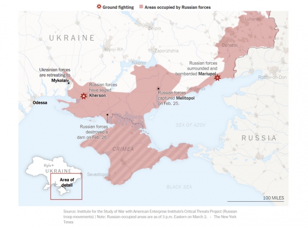 ▲러시아의 우크라이나 장악 지역. 출처 뉴욕타임스(NYT) 

