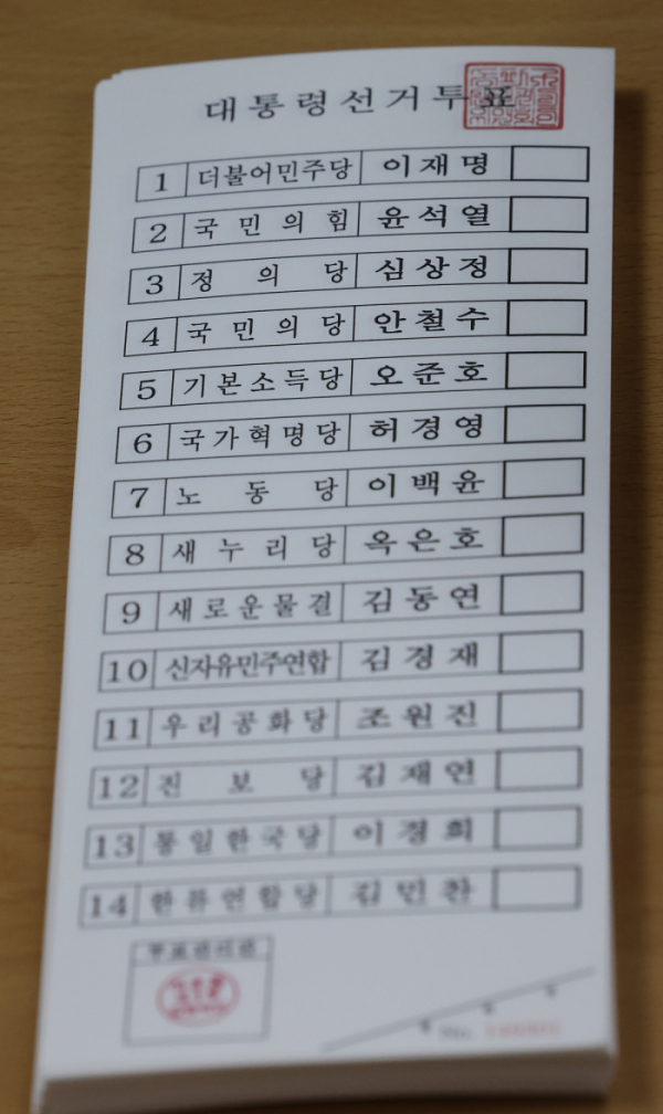 ▲제20대 대통령선거 투표일인 9일 오전 서울의 한 투표소에 투표용지가 보이고 있다. (연합뉴스)