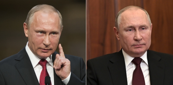 ▲블라디미르 푸틴 러시아 대통령의 얼굴형이 달라졌다. 왼쪽은 2017년 찍은 사진이고, 오른쪽은 지난달 찍은 사진이다.
 (TASS연합뉴스/AP뉴시스)