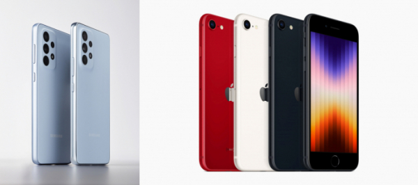▲삼성 갤럭시 A33 5Gㆍ갤럭시 A53 5G(왼쪽)과 애플 아이폰SE 3세대(오른쪽) 이미지 (사진제공=삼성전자, 애플)