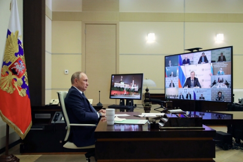 ▲블라디미르 푸틴 러시아 대통령이 화상회의를 하고 있다. 모스크바/AFP연합뉴스
