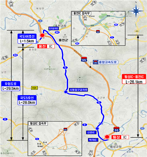 ▲내년 7월까지 포장개량공사에 들어가는 중앙고속도로 횡성IC∼홍천IC 구간과 우회도로. (사진제공=한국도로공사)
