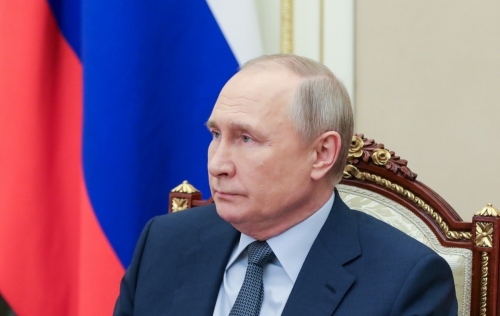 ▲블라디미르 푸틴 러시아 대통령이 22일(현지시간) 크렘린궁에서 화상 회의를 진행하고 있다. 모스크바/타스연합뉴스
