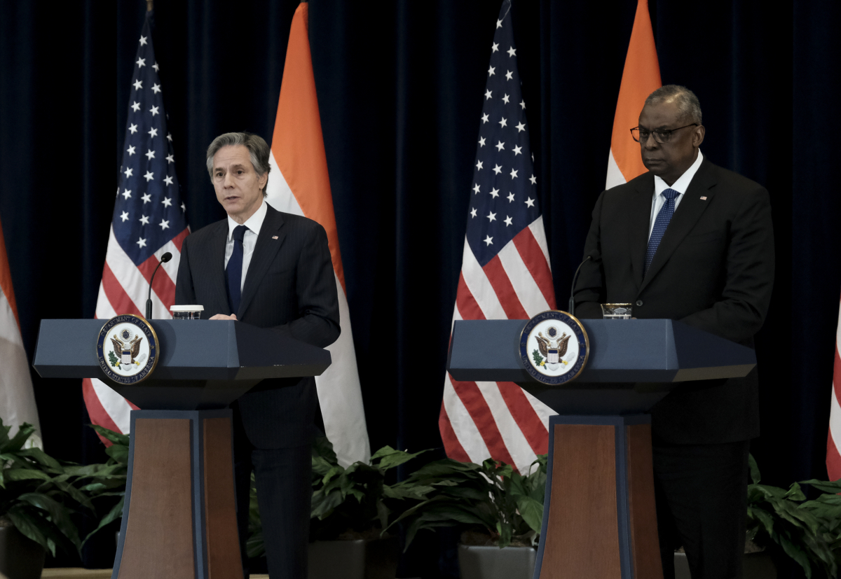 ▲토니 블링컨(왼쪽) 미국 국무장관과 로이드 오스틴 국방장관이 지난 11일(현지시간) 워싱턴 국무부 청사에서 열린 제4차 미국-인도 2+2 장관급 회담 후 기자회견을 하고 있다. 워싱턴D.C./AP뉴시스