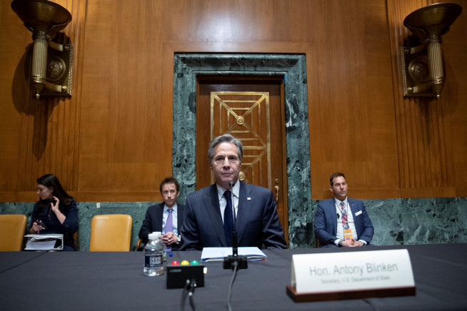 ▲27일 토니 블링컨 미국 국무장관이 의회에 출석해 증언하고 있다. 워싱턴/로이터연합뉴스
