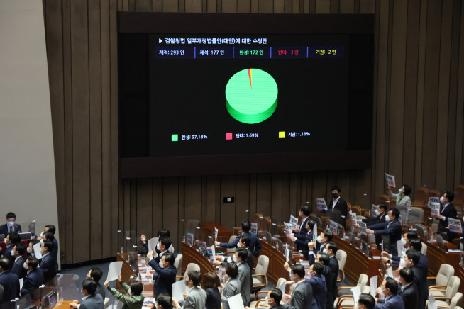 ▲30일 오후 국회 본회의에서 검찰청법 개정안이 통과되고 있다(사진제공=연합뉴스)