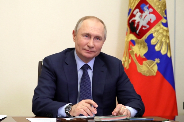▲블라디미르 푸틴 러시아 대통령이 지난달 25일 화상연설을 하고 있다. 모스크바/AP뉴시스
