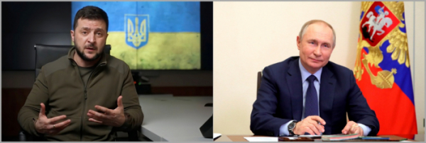 ▲볼로디미르 젤렌스키(왼쪽) 우크라이나 대통령과 블라디미르 푸틴 러시아 대통령. AP연합뉴스