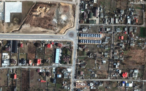 ▲인공위성이 포착한 3월 18일(현지시간) 우크라이나 부차 마을. 부차/로이터연합뉴스
