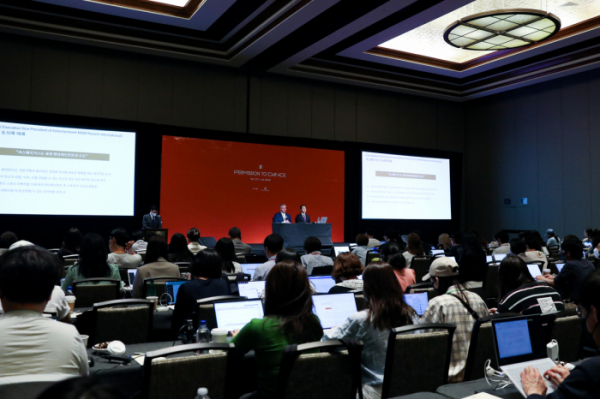 ▲라스베이거스 MGM 그랜드 컨퍼런스 센터에서 '비티에스 퍼미션 투 댄스 더 시티-라스베이거스(BTS PERMISSION TO DANCE THE CITY - LAS VEGAS)' 더 시티 프로젝트(이하 '더 시티') 관계자 간담회를 개최했다.(사진제공=하이브)