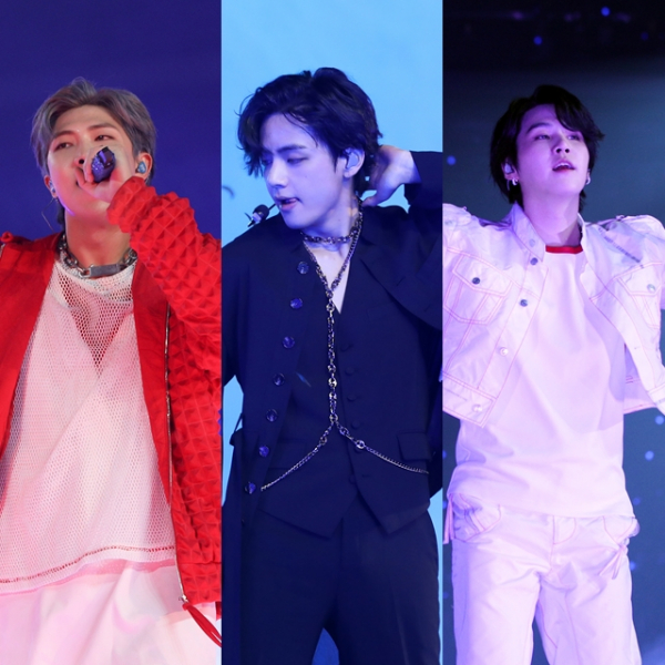▲방탄소년단 RM(오른쪽부터), 뷔, 진(사진제공=빅히트뮤직/하이브)