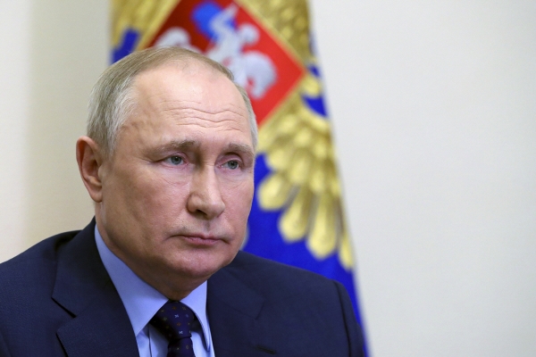 ▲블라디미르 푸틴 러시아 대통령이 7일 화상연설을 하고 있다. 모스크바/AP뉴시스

