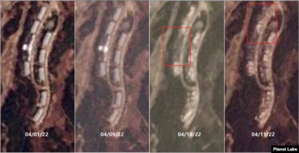 ▲북한 금강산 아난티 골프장 리조트 단지를 촬영한 위성사진. 왼쪽부터 4월 1, 9, 10, 11일의 모습. 10일 중심부 건물(왼쪽 붉은 사각형 안)이 사라지고 11일에는 북쪽 2개 동(오른쪽 붉은 사각형 안)이 철거된 모습이다. 
