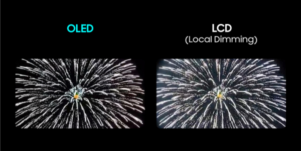 ▲빛 번짐 현상 비교 이미지(삼성 노트북용 OLED vs. 로컬디밍 LCD)
  (사진제공=삼성디스플레이)