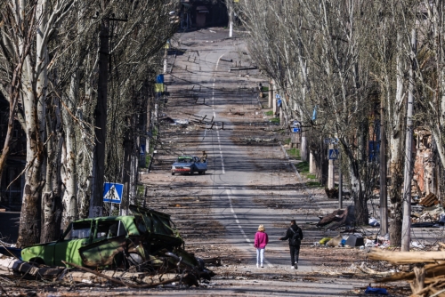 ▲우크라이나 마리우폴 시내가 러시아군의 공격으로 황폐해져 있다. 마리우폴/타스연합뉴스
