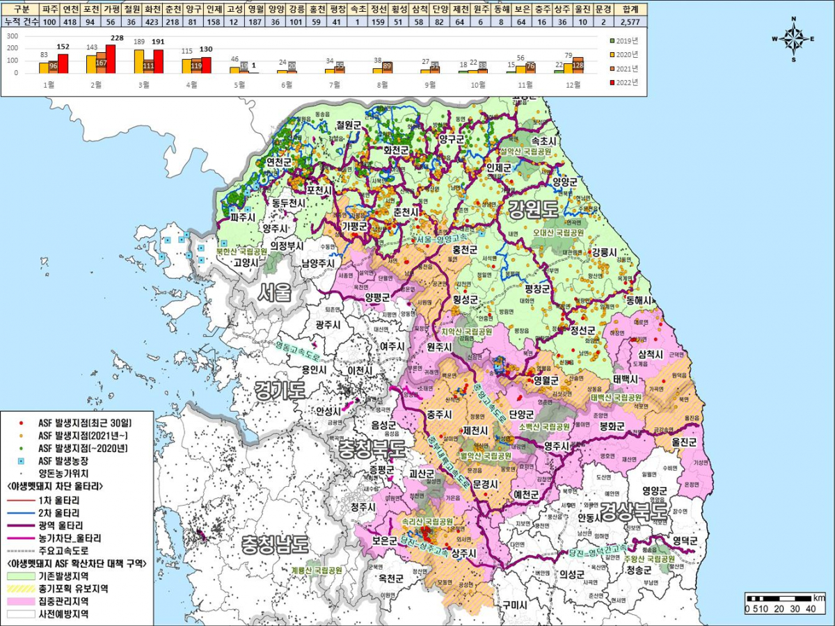 ▲야생멧돼지 아프리카돼지열병 발생 현황. (자료제공=국립야생동물질병관리원)