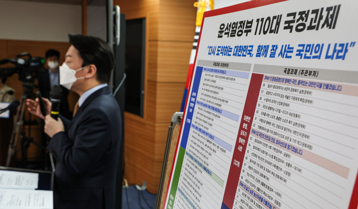 ▲안철수 대통령직인수위원회 위원장이 3일 오전 서울 종로구 통의동 대통령직인수위원회에서 윤석열 정부의 110대 국정과제를 설명하고 있다. (뉴시스)