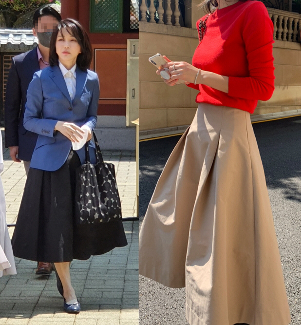 ▲김건희 여사가 구인사를 방문할 때 입었던 옷(사진 왼쪽)과 한 온라인 쇼핑몰에서 판매하는 옷 캡처(연합뉴스, 온라인쇼핑몰 썸제이 캡처)