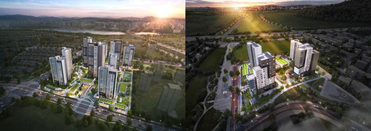▲'고양 장항지구 B-3블록(왼쪽)' 및 '성남 신촌지구 A-1블록(오른쪽)' 조감도 (자료제공=금호건설)