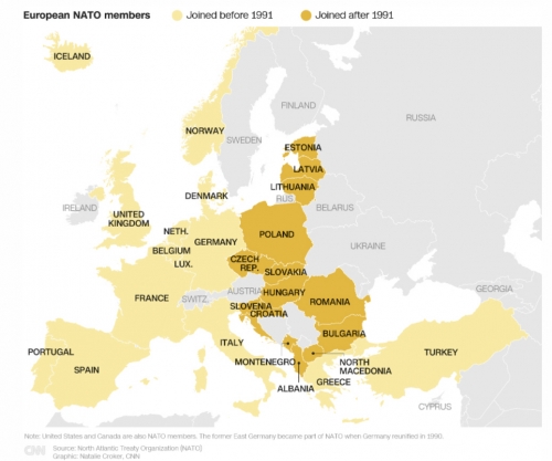 ▲유럽의 나토 회원국 분포. 1991년 이전 합류(옅은 노랑)와 1991년 이후 합류한 국가(짙은 노랑). 출처 CNN
