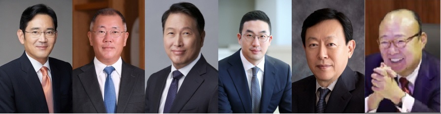 ▲왼쪽부터 이재용 삼성전자 부회장, 정의선 현대차그룹 회장, 최태원 SK그룹 회장, 구광모 LG그룹 회장, 신동빈 롯데그룹 회장, 김승연 한화그룹 회장