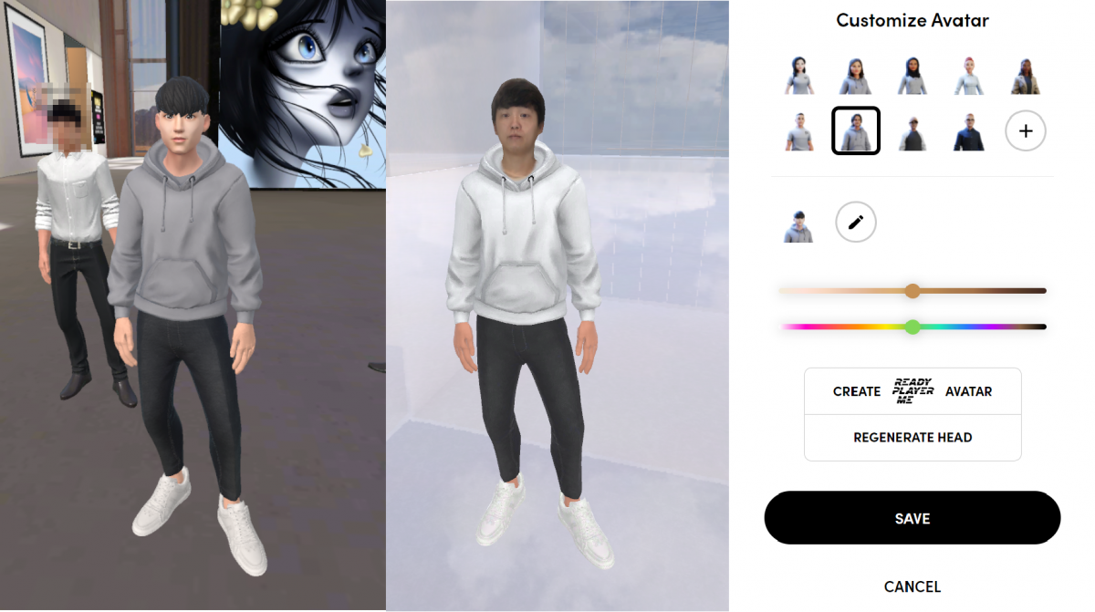 ▲시연회에 참석한 기자의 아바타. 새롭게 추가된 카툰형 얼굴(왼쪽)과 실사 기반 얼굴 두 가지를 자유롭게 바꿔가며 사용할 수 있다. (사진출처='스페이셜' 캡쳐, 이시온 수습기자 zion0304@)